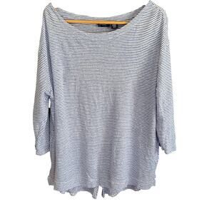 ADRIENNE VITTADINI | 100% Linen Blue and White Stripe Boxy Boat Neck Tee | 2X